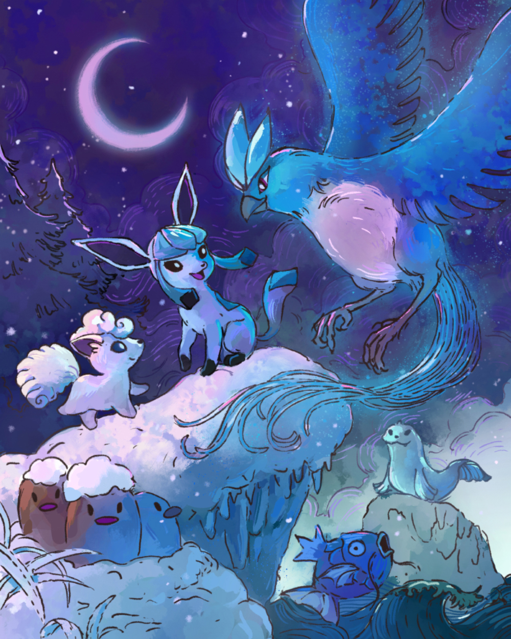 alolan_vulpix articuno crescent_moon dugtrio glaceon highres john_ramsey magikarp moon night no_humans outdoors pine_tree pokemon pokemon_(creature) seel snow tree water