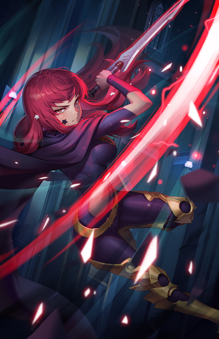 1girl armored_boots belt black_bodysuit black_cape bodysuit boots breasts cape closed_mouth clothing_cutout commentary fire_emblem fire_emblem_engage floating_hair hair_ornament holding holding_weapon kaijuicery long_hair long_sleeves looking_at_viewer medium_breasts red_eyes redhead serious solo star_(symbol) star_hair_ornament twitter_username weapon yellow_belt yunaka_(fire_emblem)