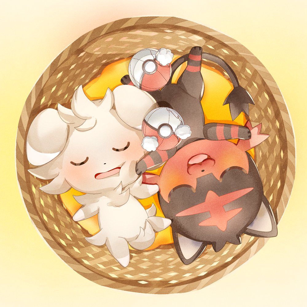 basket closed_eyes ekm espurr hand_on_another's_cheek hand_on_another's_face in_basket litten lying no_humans on_back open_mouth poke_ball_theme pokemon pokemon_(creature) poking simple_background sleeping stuffed_toy torn wool