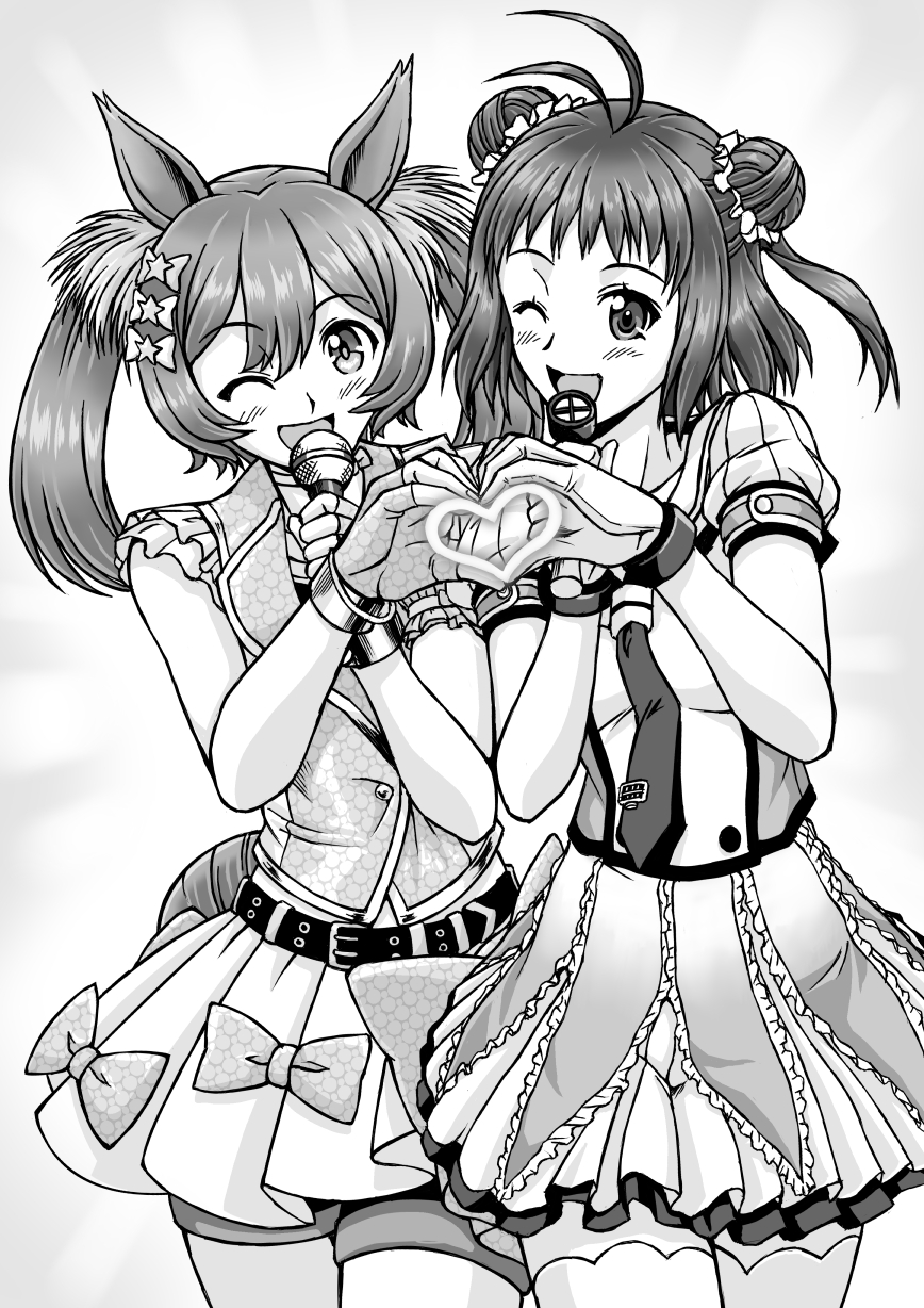 2girls animal_ears antenna_hair belt commentary_request crossover double_bun fingerless_gloves frilled_skirt frills gloves greyscale hair_bun heart heart_hands heart_hands_duo highres horse_ears horse_girl horse_tail idol kantai_collection looking_at_viewer majin_go! microphone monochrome multiple_girls naka_(kancolle) neckerchief one_eye_closed pleated_skirt puffy_short_sleeves puffy_sleeves school_uniform serafuku shirt short_sleeves shorts shorts_under_skirt skirt sleeveless sleeveless_shirt smart_falcon_(umamusume) smile tail thigh-highs umamusume