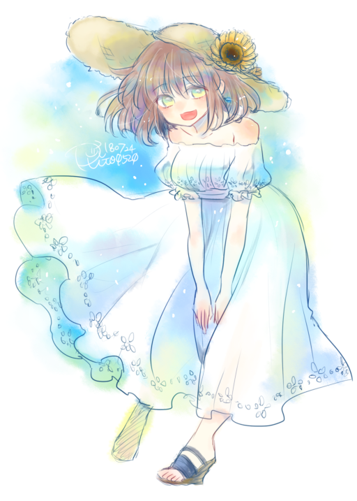 arle_nadja blush brown_hair dress flower full_body hat hat_flower looking_at_viewer madou_monogatari open_clothes puyopuyo ri25to solo standing straw_hat sunflower white_dress yellow_eyes