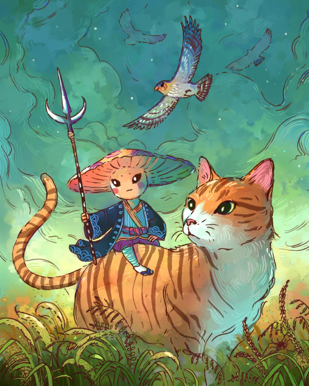 bird cat clouds cloudy_sky grass highres holding holding_polearm holding_weapon japanese_clothes john_ramsey mushroom_boy no_humans original outdoors polearm sky weapon
