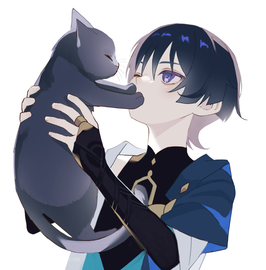 1boy animal black_gloves black_hair blue_vest blunt_ends cat elbow_gloves eyeshadow genshin_impact gloves gold grey_cat holding holding_animal holding_cat kimagudayo makeup male_focus no_headwear one_eye_closed open_clothes open_vest red_eyeliner red_eyeshadow scaramouche_(genshin_impact) short_hair simple_background solo two-tone_vest upper_body vest violet_eyes wanderer_(genshin_impact) white_background white_vest