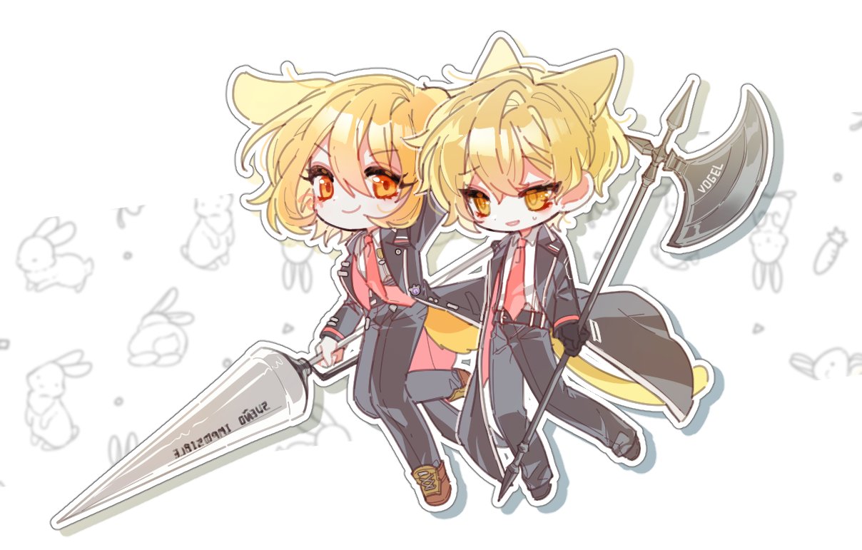 1boy 1girl animal_ears axe badge battle_axe belt black_belt blonde_hair brown_footwear button_badge cat_boy cat_ears cat_tail chibi closed_mouth coat collared_shirt commentary_request dog_ears dog_girl dog_tail don_quixote_(limbus_company) grey_coat grey_pants hair_between_eyes holding holding_axe holding_polearm holding_weapon kemonomimi_mode korean_commentary lance limbus_company long_sleeves necktie nervous_smile open_clothes open_coat orange_eyes pants parted_lips polearm poma_(191929292) project_moon red_necktie shirt short_hair sinclair_(limbus_company) skipping smile sweat tail v-shaped_eyebrows walking weapon white_shirt