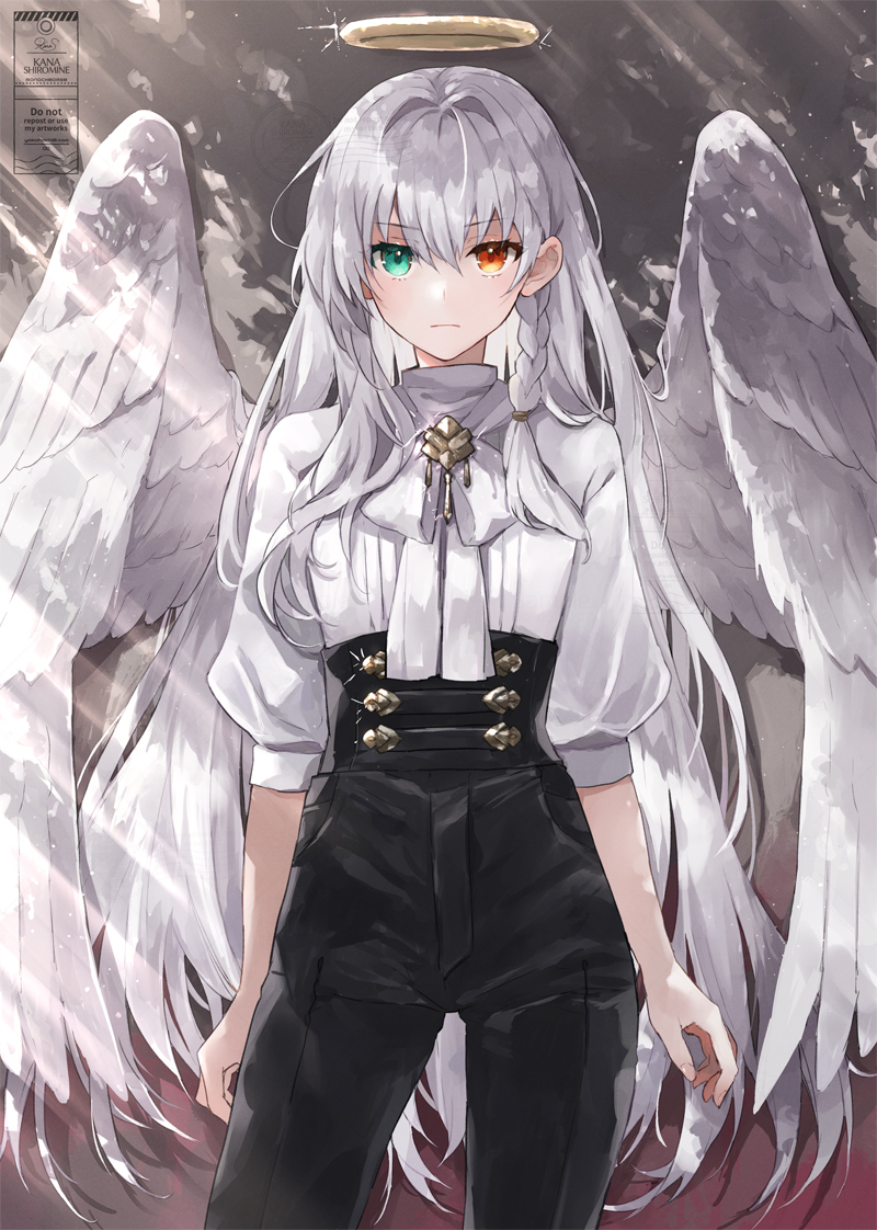 1girl angel angel_wings aqua_eyes artist_name black_pants bow braid brown_eyes closed_mouth expressionless fashion grey_background hair_intakes halo heterochromia long_hair looking_at_viewer original pants puffy_sleeves shiromine_kana shirt sidelocks single_braid solo standing straight-on watermark white_bow white_hair white_shirt white_wings wings
