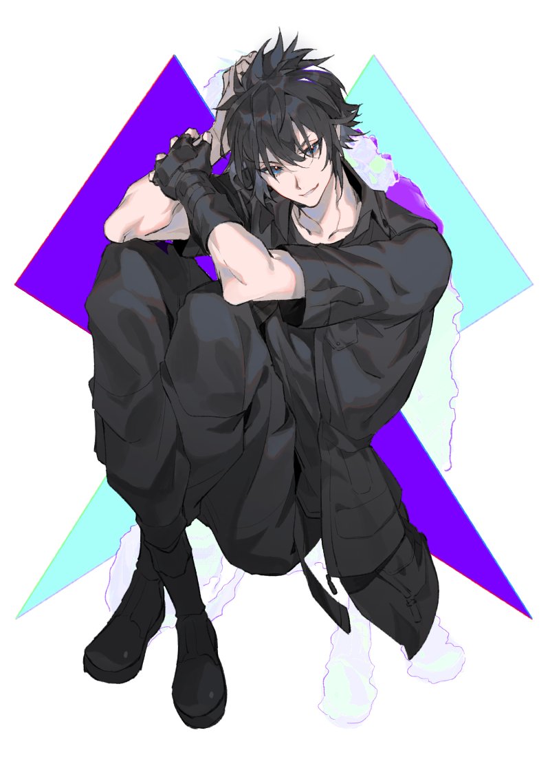 1boy black_footwear black_gloves black_hair black_pants black_shirt blue_eyes boots collared_shirt crossed_ankles final_fantasy final_fantasy_xv fingerless_gloves gloves hair_between_eyes hand_in_own_hair looking_at_viewer male_focus noctis_lucis_caelum pants pokashi shirt short_hair short_sleeves smile solo toned toned_male