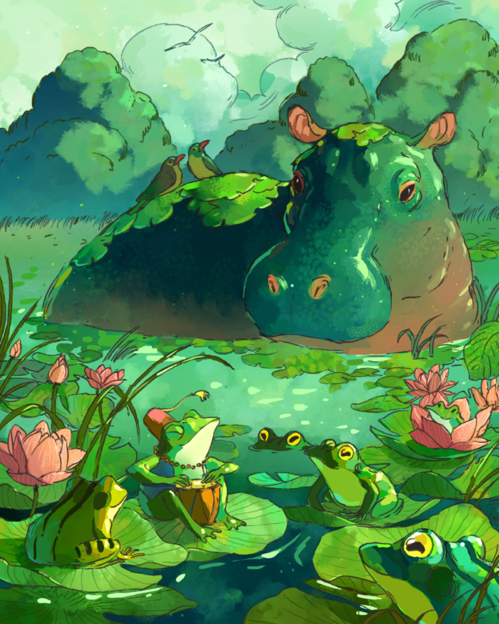 animal animal_focus bird bongo_drums clouds day drum fez_hat flower frog grass highres hippopotamus instrument john_ramsey lily_pad lotus no_humans original outdoors pink_flower tree water