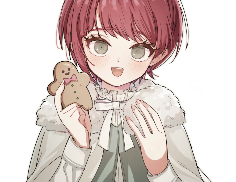 1girl :d alternate_costume blush cheeseko danganronpa_(series) danganronpa_2:_goodbye_despair food fur-trimmed_jacket fur_trim green_eyes hands_up holding holding_food jacket koizumi_mahiru long_sleeves neck_ribbon redhead ribbon short_hair simple_background smile solo teeth upper_body upper_teeth_only white_background white_ribbon