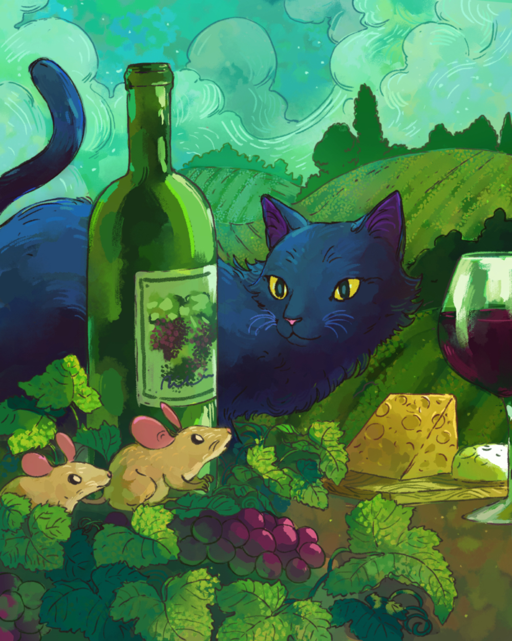 animal bottle cat cheese clouds cloudy_sky cup drinking_glass food grape_vine grass highres john_ramsey leaf mouse no_humans original outdoors sky tree wine_bottle wine_glass