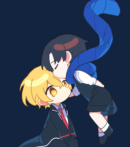 2boys black_coat black_gloves black_hair black_shorts black_vest blonde_hair blue_background blue_scarf chibi closed_eyes coat collared_shirt commentary demian_(limbus_company) gloves kiss kissing_forehead kneeling limbus_company long_sleeves male_focus multiple_boys name_(oiuio) necktie no_mouth no_nose open_clothes open_coat project_moon red_necktie scarf shirt short_hair short_sleeves shorts simple_background sinclair_(limbus_company) single_tear socks symbol-only_commentary vest white_shirt white_socks yellow_eyes