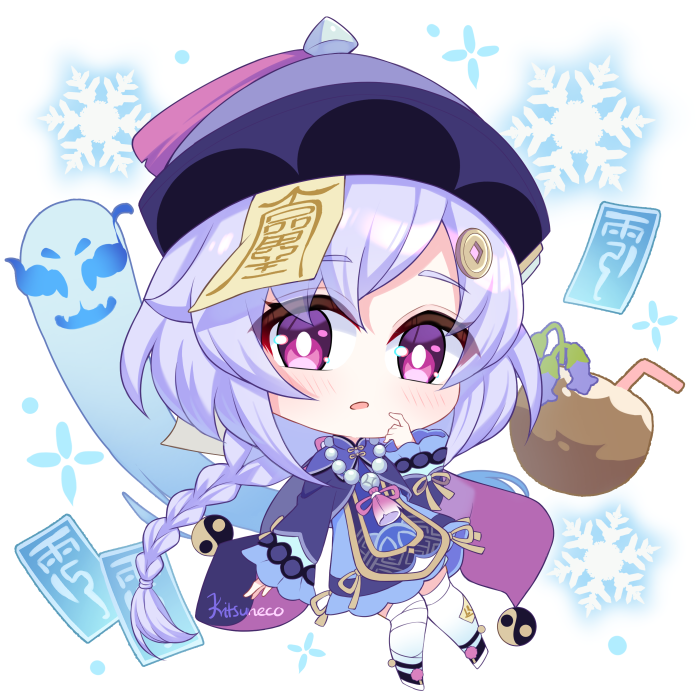 1girl braid cape chibi chinese_clothes coconut coin_hair_ornament commentary genshin_impact hair_between_eyes hair_ornament hat jiangshi kitsuneco long_hair long_sleeves looking_at_viewer low_ponytail ofuda parted_lips purple_hair qing_guanmao qiqi_(genshin_impact) sidelocks simple_background single_braid solo thigh-highs violet_eyes white_thighhighs wide_sleeves yin_yang zettai_ryouiki