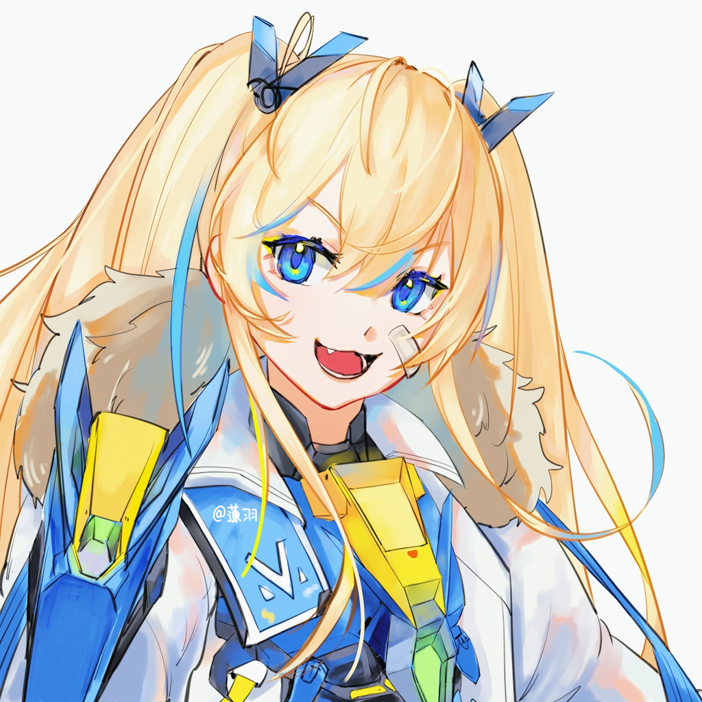 1girl :d armor armored_bodysuit artist_name bandaid bandaid_on_cheek bandaid_on_face blonde_hair blue_eyes breastplate chinese_commentary coat dl_(lotus) fang fur_collar goddess_of_victory:_nikke headgear laplace_(nikke) long_hair looking_at_viewer open_mouth sidelocks simple_background smile solo twintails upper_body white_background white_coat