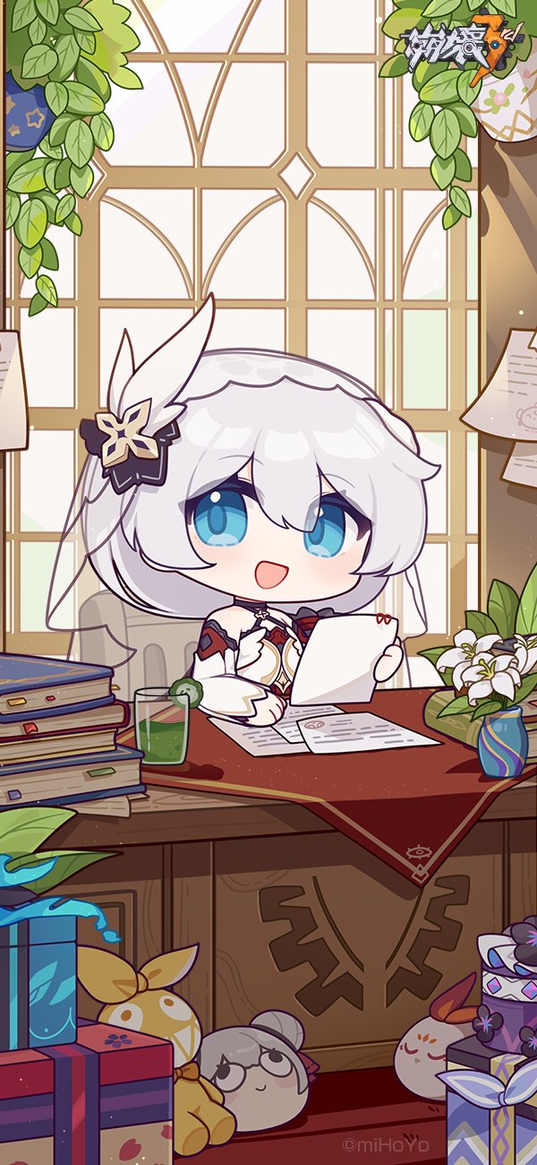 1girl @_(symbol) bare_shoulders blue_eyes box chair chibi copyright_name cup flower gift gift_box hair_between_eyes hand_on_table highres holding holding_paper homu_(honkai_impact) honkai_(series) honkai_impact_3rd indoors logo official_art official_wallpaper open_mouth paper plant sitting solo theresa_apocalypse theresa_apocalypse_(celestial_hymn) vase white_flower white_hair window