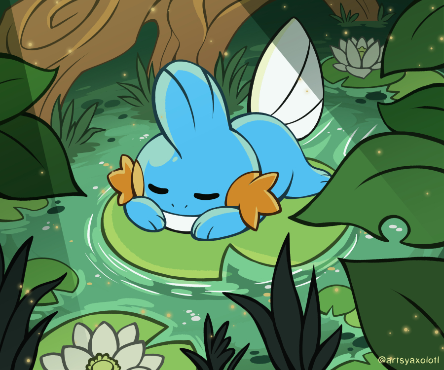 artist_name artsyaxolotl flower leaf lily_pad lotus mudkip pokemon pokemon_(creature) sleeping water watermark white_flower