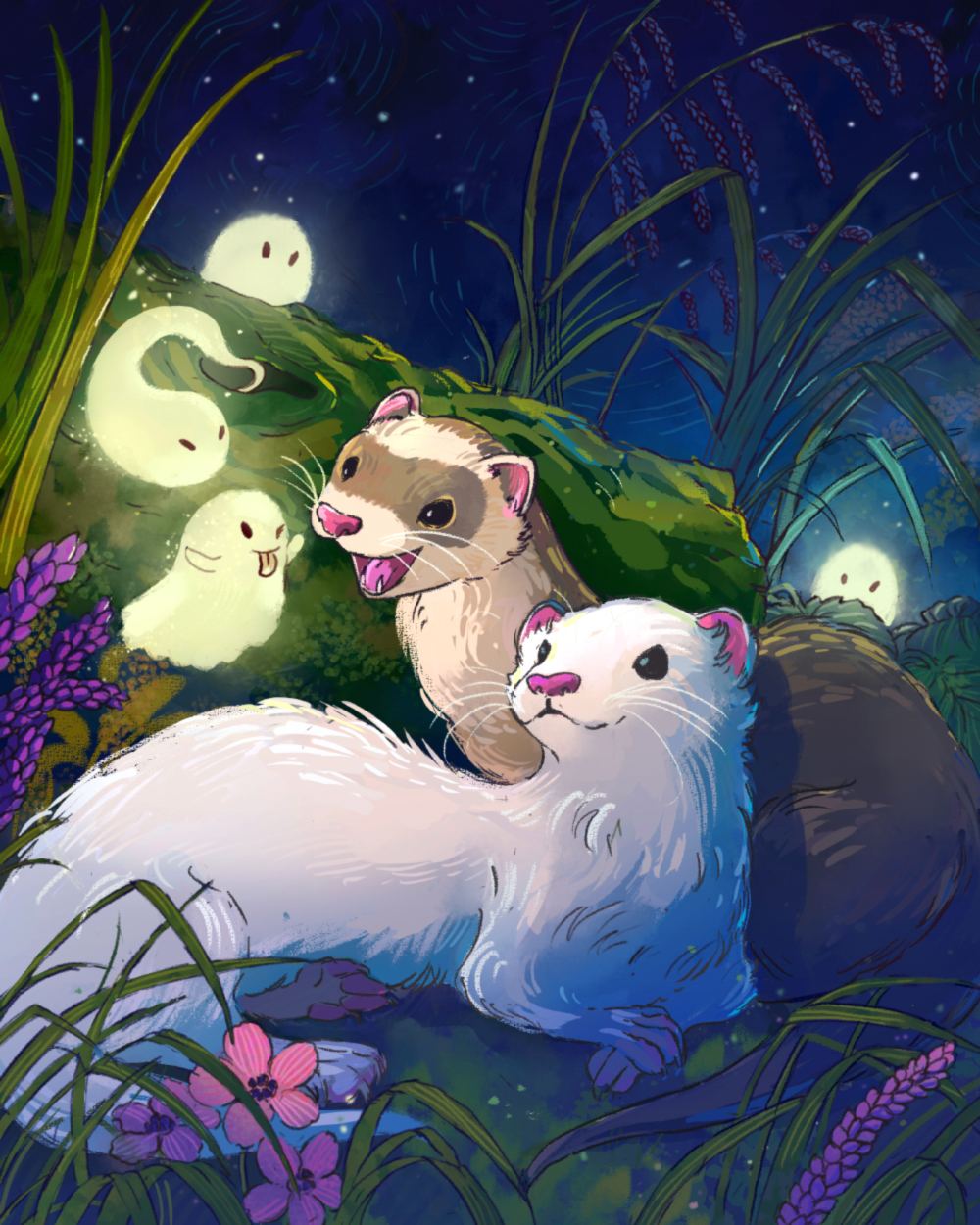 animal animal_focus ferret flower ghost grass highres john_ramsey night night_sky no_humans open_mouth original outdoors pink_flower sky