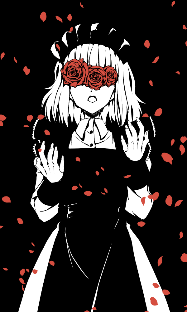 1girl apron black_background blending commentary_request cowboy_shot flower limited_palette maid_apron maid_headdress medium_hair open_mouth original petals red_flower red_rose rose rose_petals solo taka_t