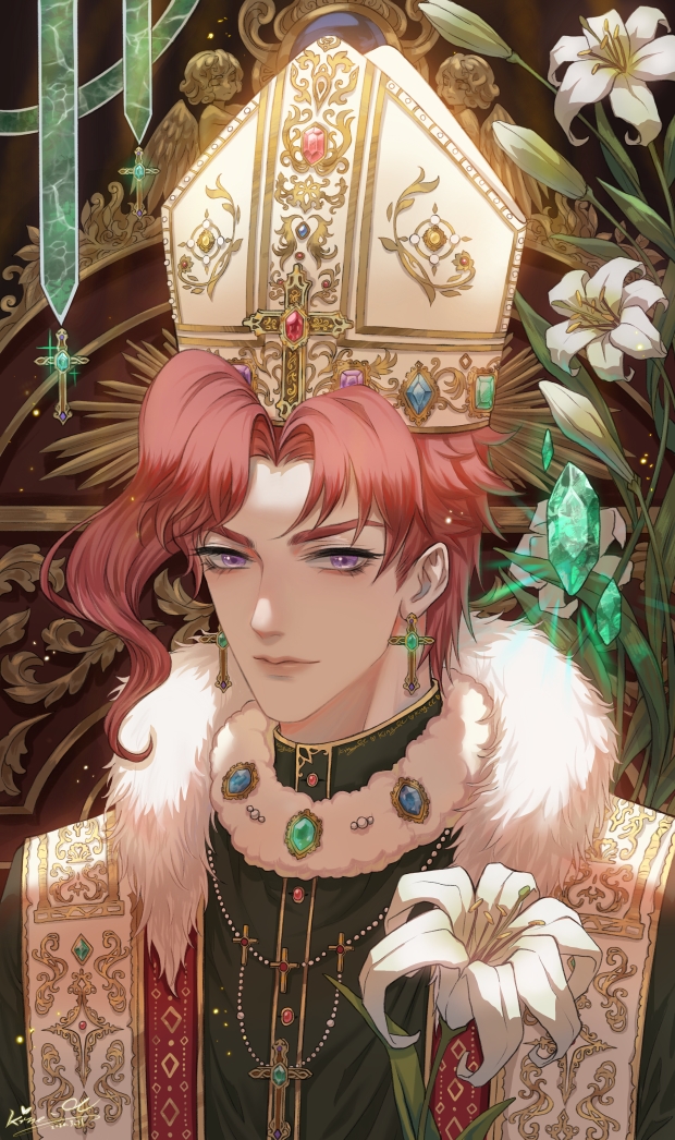 1boy blue_gemstone cross cross_earrings cross_necklace earrings flower gem green_gemstone hat jewelry jojo_no_kimyou_na_bouken kakyoin_noriaki king.cc lily_(flower) male_focus mitre necklace pope priest red_gemstone redhead smile solo stardust_crusaders stole violet_eyes wavy_hair yellow_gemstone