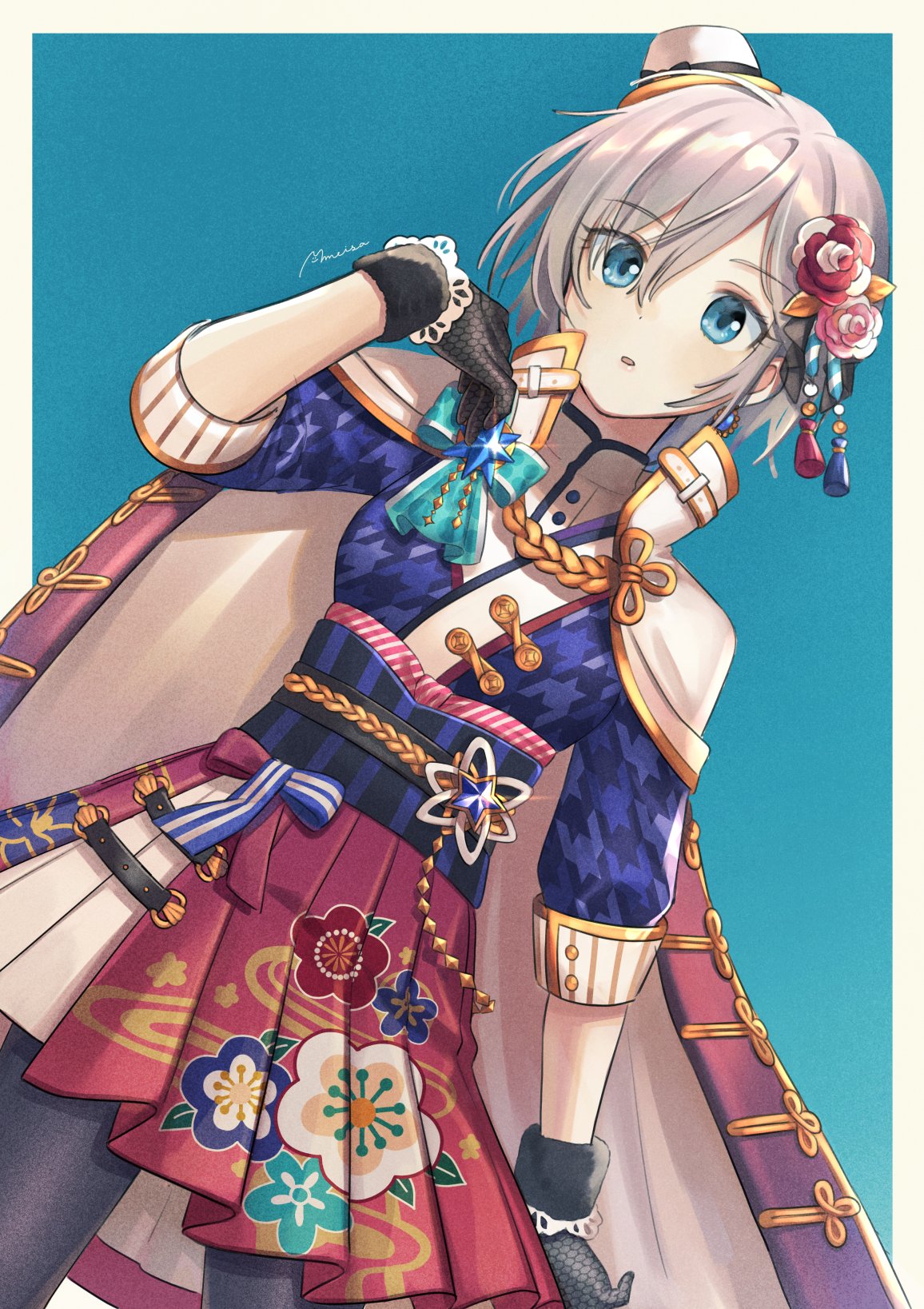 1girl anastasia_(idolmaster) artist_name black_gloves black_pantyhose blue_background blue_eyes bow breasts cloak dress dress_bow emblem floral_print flower gloves grey_hair grid_background hair_flower hair_ornament hat highres idolmaster idolmaster_cinderella_girls idolmaster_cinderella_girls_starlight_stage long_sleeves looking_at_viewer medium_breasts meisa mini_hat multicolored_clothes open_mouth pantyhose plum_blossoms sash short_hair simple_background smile solo star_(symbol)