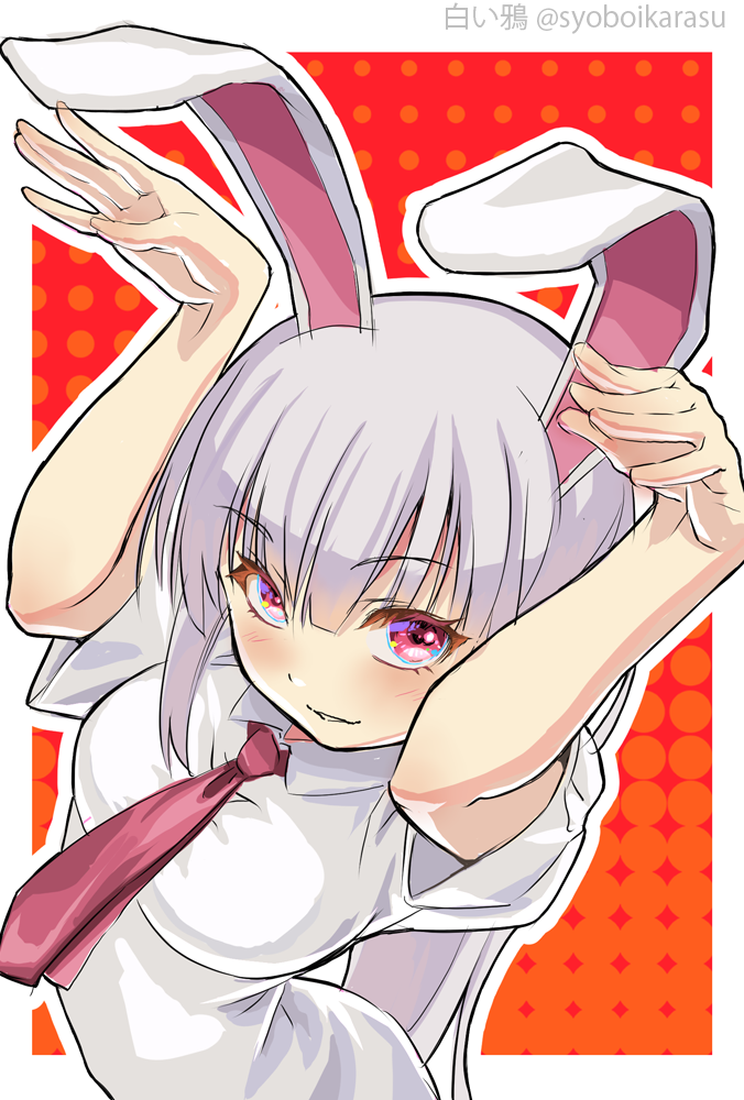 1girl animal_ears blush breasts from_above hands_up large_breasts long_hair looking_at_viewer necktie outline parted_lips polka_dot rabbit_ears rabbit_pose red_eyes red_necktie reisen_udongein_inaba shiroi_karasu smile solo teeth touhou upturned_eyes white_outline