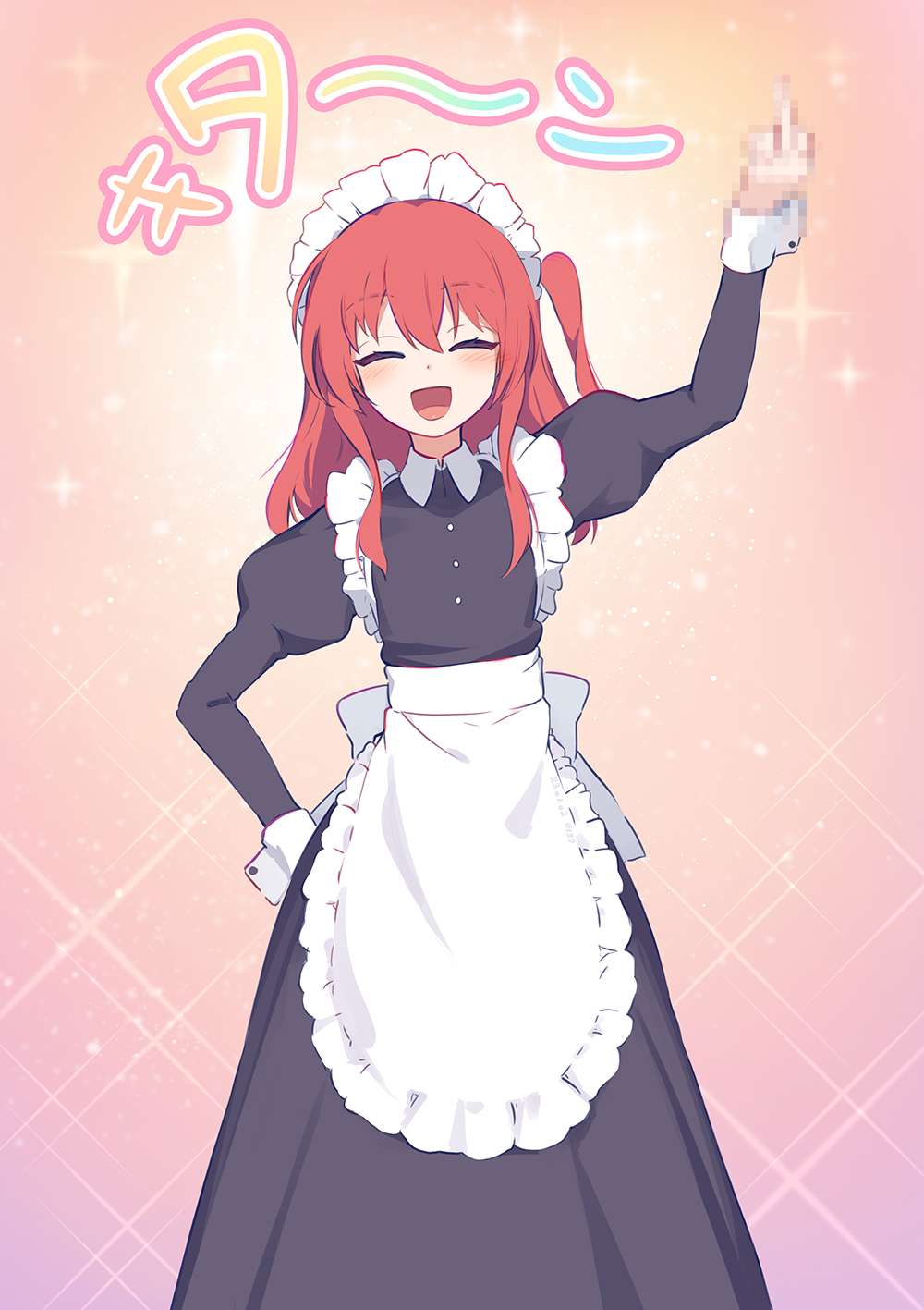 1girl apron arm_up asicah black_dress blush bocchi_the_rock! censored closed_eyes collared_shirt dress facing_viewer feet_out_of_frame flat_chest highres juliet_sleeves kita_ikuyo long_hair long_sleeves maid_headdress middle_finger mosaic_censoring one_side_up open_mouth puffy_sleeves redhead shirt smile solo sparkle standing waist_apron