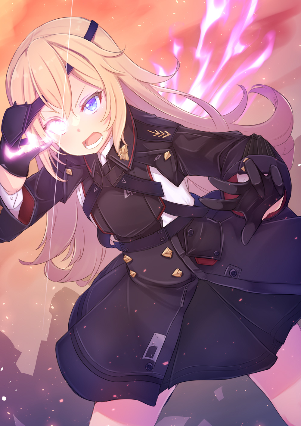 anko_jamu arm_up black_dress black_footwear black_gloves black_skirt blonde_hair blue_eyes breasts chuunibyou dress eyepatch eyepatch_lift gloves glowing glowing_eye goddess_of_victory:_nikke guillotine_(nikke) half_gloves hand_over_eye highres loafers long_hair military military_uniform shoes skirt small_breasts solo spread_fingers standing uniform wavy_hair