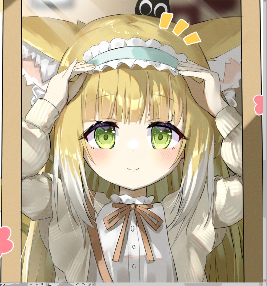 1girl animal_ear_fluff animal_ears arknights arms_up blonde_hair cardigan female_pov fox_ears fox_girl green_eyes hairband hands_on_headwear lolita_hairband long_hair mirror pov reflection shirt siera_(sieracitrus) smile solo suzuran_(arknights) upper_body very_long_hair white_cardigan white_shirt