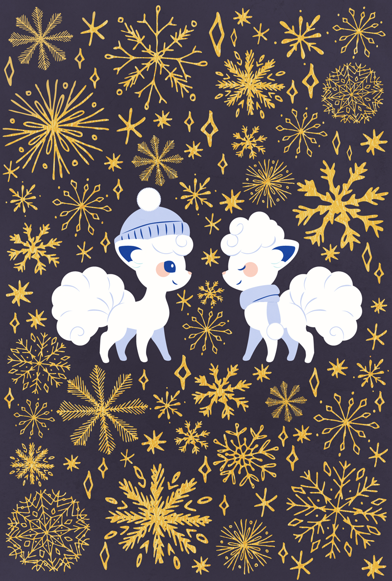alolan_vulpix beanie black_background blue_eyes closed_eyes closed_mouth ekm hat looking_at_another no_humans pokemon pokemon_(creature) scarf snowflake_background snowflakes