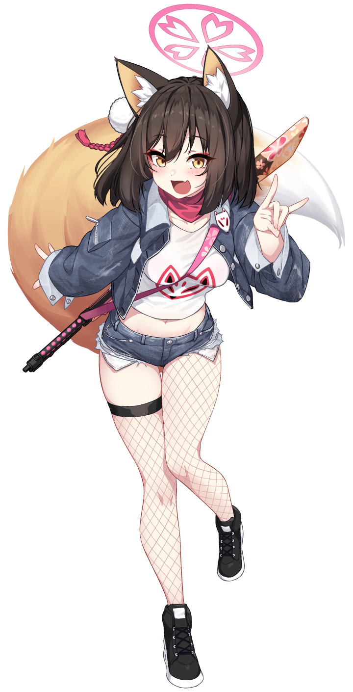 1girl :d animal_ear_fluff animal_ears bandana black_footwear black_hair black_thighhighs blue_archive blue_jacket blue_shorts blush breasts brown_eyes crop_top denim denim_jacket denim_shorts dev_(dev0614) fang fishnet_pantyhose fishnet_thighhighs fishnets fox_ears fox_girl fox_shadow_puppet fox_tail full_body hair_between_eyes halo highres izuna_(blue_archive) jacket legwear_under_shorts long_sleeves looking_at_viewer medium_breasts midriff navel open_clothes open_jacket pantyhose shirt shoes short_shorts shorts simple_background single_leg_pantyhose single_thighhigh sleeves_past_wrists smile solo standing standing_on_one_leg tail thigh-highs white_background white_shirt