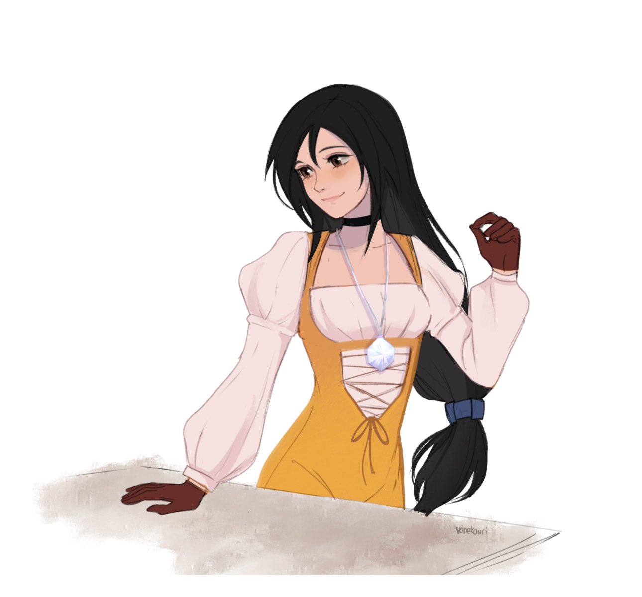 1girl artist_name black_choker black_hair bodysuit breasts brown_eyes brown_gloves choker final_fantasy final_fantasy_ix garnet_til_alexandros_xvii gloves hair_between_eyes hair_tie highres jewelry juliet_sleeves lace-up_top light_blush long_hair long_sleeves looking_to_the_side low-tied_long_hair medium_breasts orange_bodysuit pendant puffy_sleeves shirt smile solo underbust upper_body vanekairi white_background white_shirt