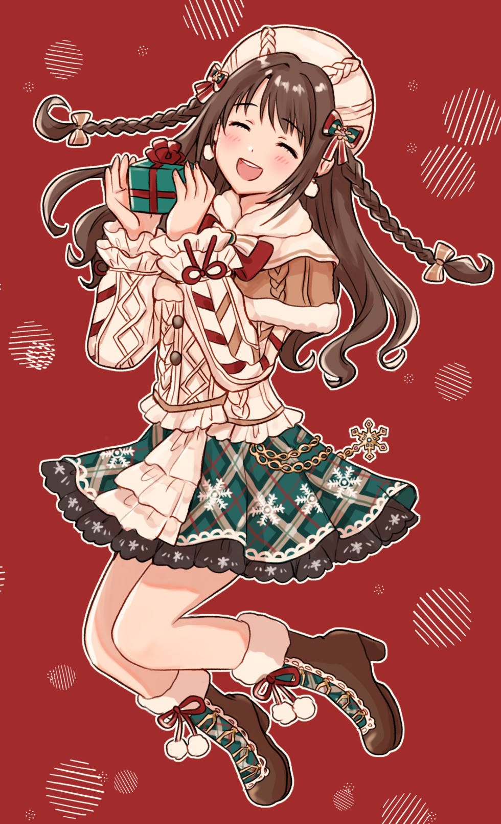 1girl ^_^ ankle_boots blush boots box braid brown_capelet brown_hair capelet christmas closed_eyes dot_nose earrings gift gift_box green_skirt hair_ribbon highres holding holding_box idolmaster idolmaster_cinderella_girls idolmaster_cinderella_girls_starlight_stage jewelry long_hair open_mouth plaid plaid_skirt red_background red_ribbon ribbon shimamura_uzuki skirt smile snowflakes solo sweater teeth tori_ririsu twin_braids twintails white_headwear white_sweater