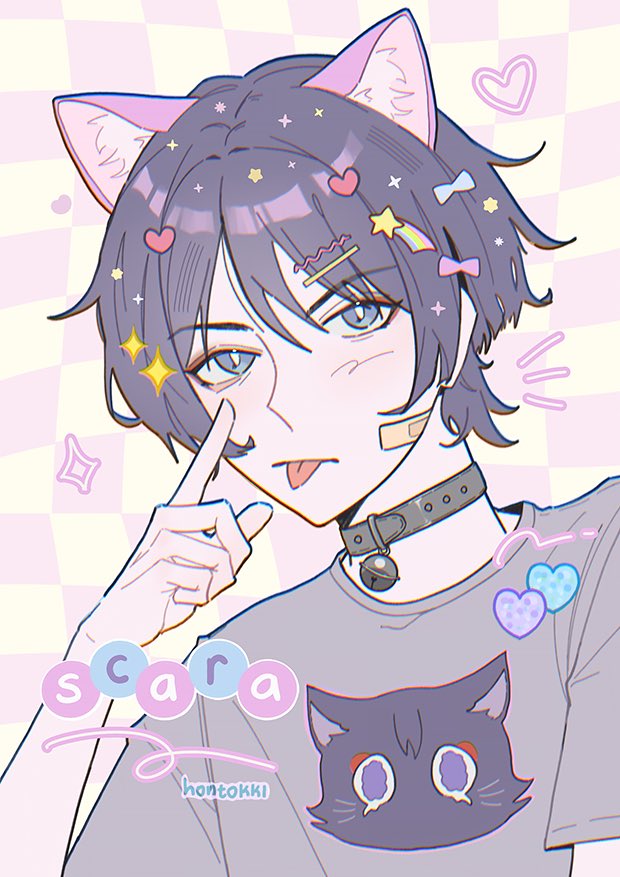 1boy animal_ears bandaid bandaid_on_cheek bandaid_on_face bell blush cat_boy cat_ears checkered_background collar genshin_impact grey_collar hair_ornament hairpin hontokki male_focus multicolored_background neck_bell pink_background purple_hair purple_shirt scaramouche_(genshin_impact) shirt short_hair solo tongue tongue_out violet_eyes white_background