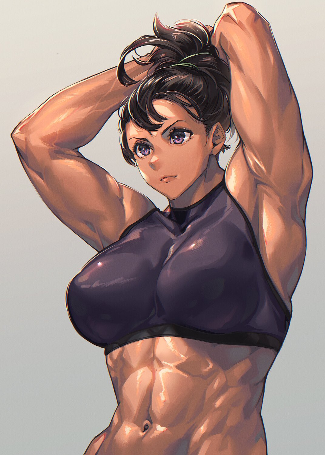 1girl abs armpits arms_behind_head black_hair dark_skin highres looking_to_the_side mikel_(4hands) muscular muscular_female original pink_eyes ponytail simple_background solo tank_top