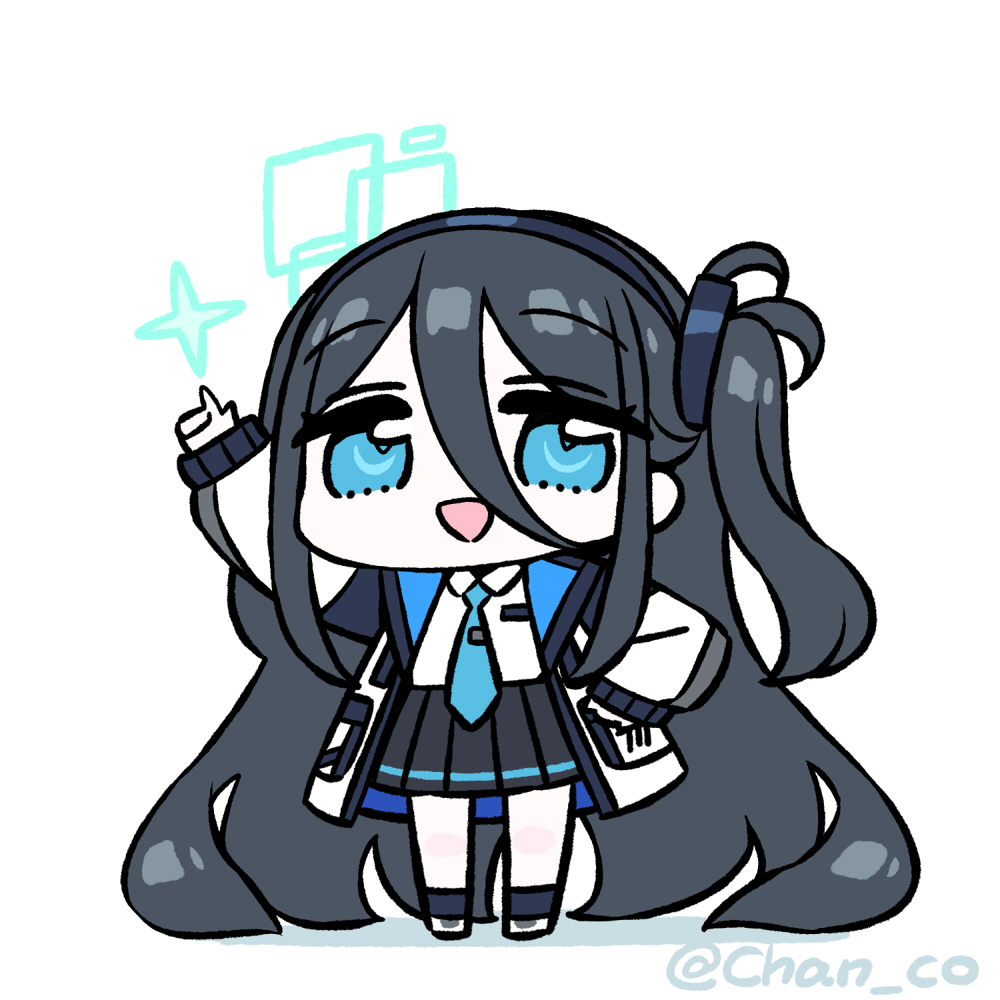 1girl absurdly_long_hair aris_(blue_archive) arm_up black_hair black_hairband black_skirt black_socks blue_archive blue_necktie chan_co chibi coat collared_shirt commentary full_body hair_between_eyes hairband halo long_hair long_sleeves looking_at_viewer miniskirt necktie one_side_up open_clothes open_coat open_mouth pleated_skirt shirt simple_background skirt sleeves_past_wrists smile socks solo sparkle standing twitter_username very_long_hair white_coat white_footwear white_shirt