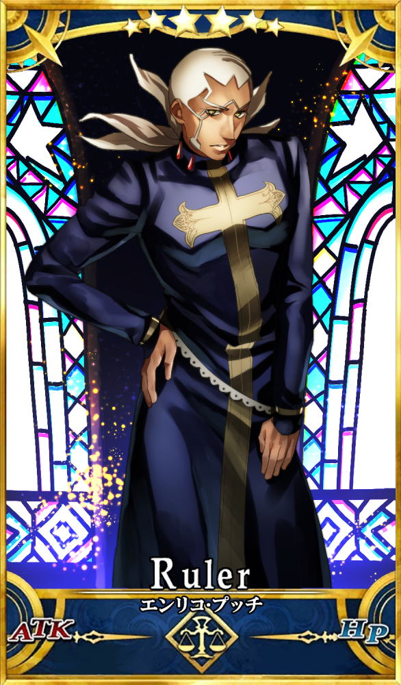 1boy card_(medium) card_parody cassock character_name contrapposto crossover dark-skinned_male dark_skin enrico_pucci fate/grand_order fate_(series) hand_on_own_hip jojo_no_kimyou_na_bouken male_focus multiple_tails mutton_chops ponytail pppuni servant_card_(fate/grand_order) solo stained_glass star-shaped_pupils star_(symbol) stone_ocean symbol-shaped_pupils tail white_hair