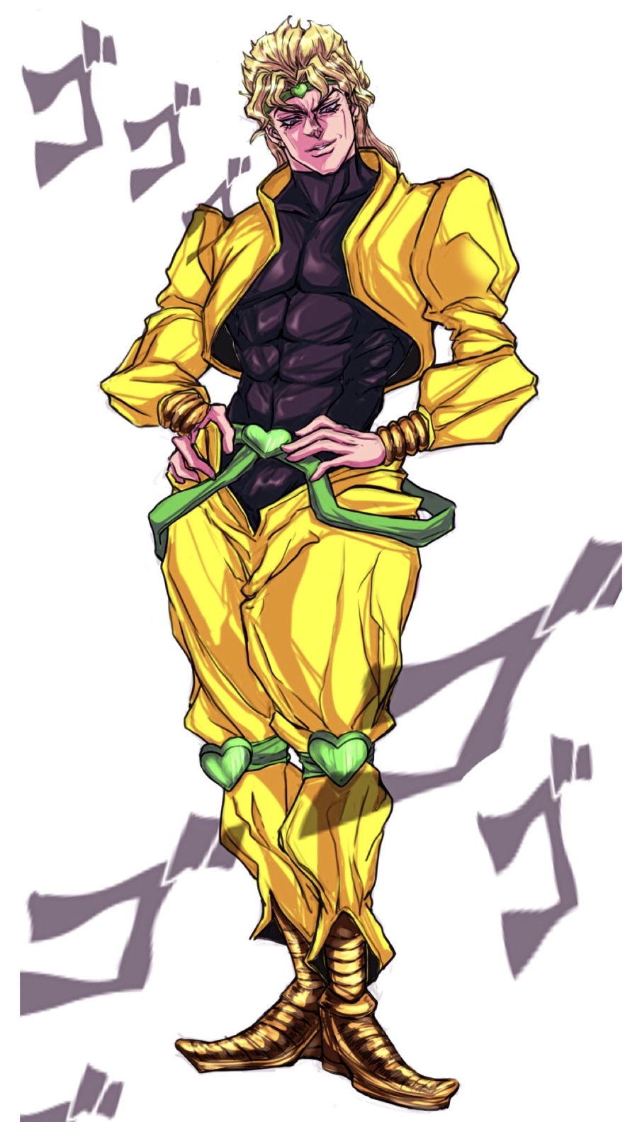 1boy blonde_hair bracelet crotchless crotchless_pants derivative_work dio_brando full_body hands_on_own_hips headband heart-shaped_ornament heart_kneepads highres jacket jewelry jojo_no_kimyou_na_bouken male_focus manga_panel_redraw menacing_(jojo) pants red_eyes ruushii_(lucy_steel6969) shirt simple_background solo standing stardust_crusaders tight tight_shirt turtleneck white_background yellow_jacket