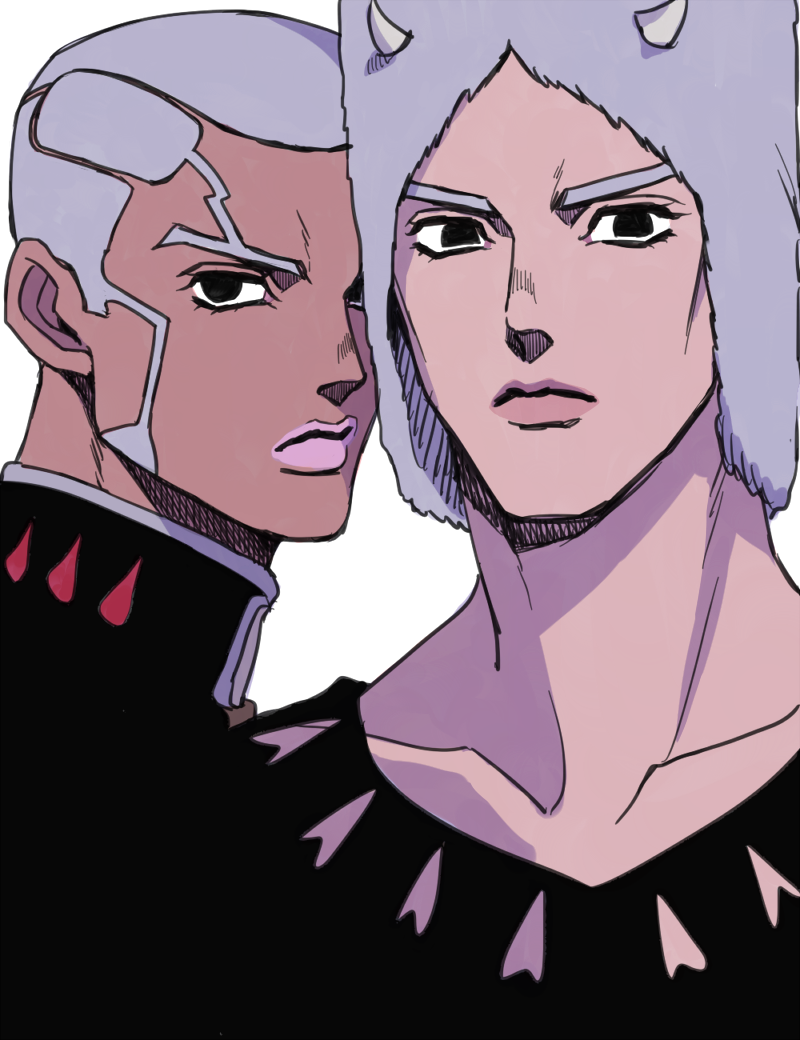 2boys anime_coloring clothing_cutout dark-skinned_male dark_skin enrico_pucci fake_horns fur_hat grey_hair hage_tashuumi hat horned_hat horns jojo_no_kimyou_na_bouken lipstick makeup male_focus multiple_boys stone_ocean weather_report