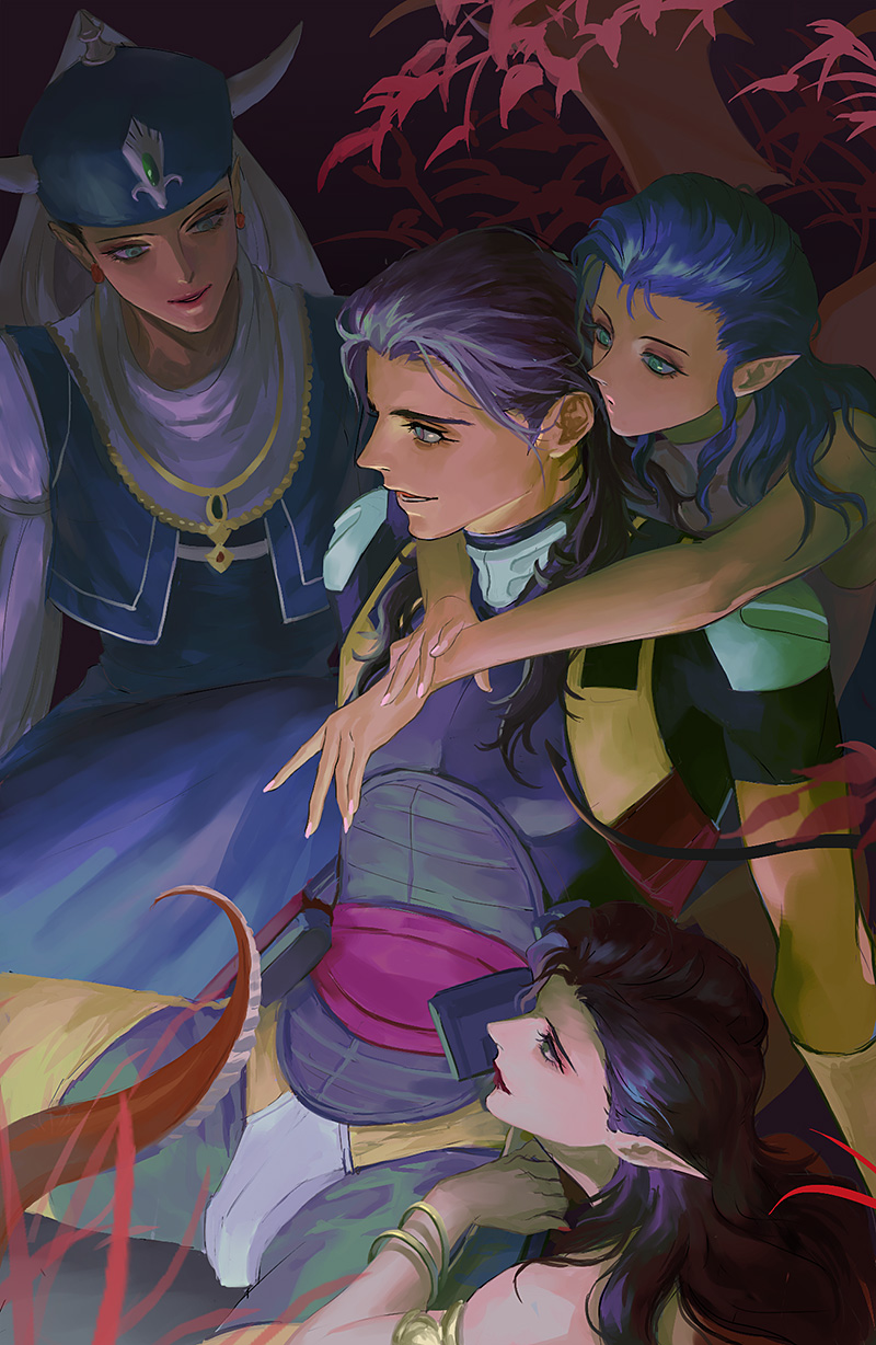 1boy 3girls aleph_(megami_tensei) armlet black_bodysuit black_hair blue_dress blue_headwear bodysuit bracelet character_request crotch_plate dress earrings gem green_eyes green_gemstone hand_on_own_arm hands_on_another's_shoulders highres jewelry lamia lilim_(megami_tensei) long_hair looking_to_the_side monster_girl multiple_girls o_c_x plant pointy_ears red_lips shin_megami_tensei shin_megami_tensei_ii shoulder_pads sitting snake_tail tail