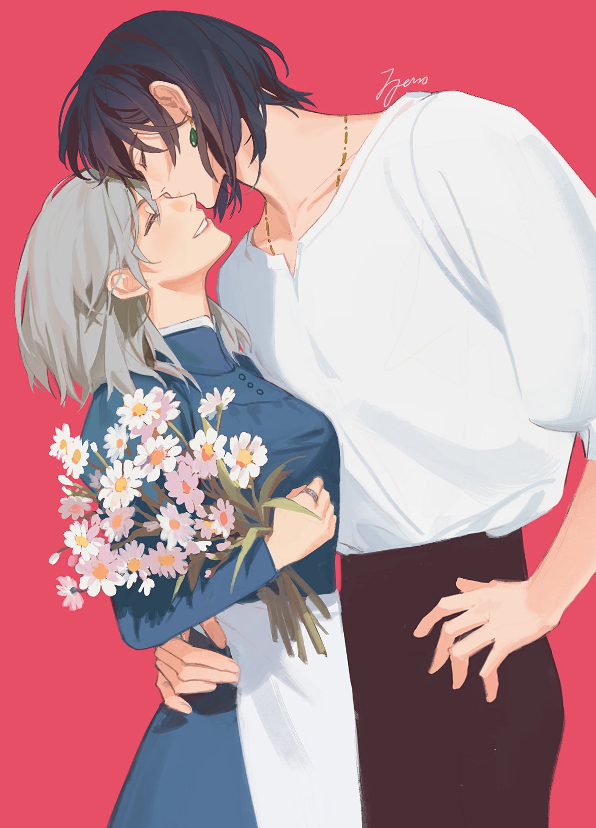 1boy 1girl apron black_hair black_pants blue_dress closed_eyes collarbone dress drop_earrings earrings flower grey_hair hand_on_another's_waist hand_on_own_hip highres holding holding_flower howl_(howl_no_ugoku_shiro) howl_no_ugoku_shiro jewelry jyan512 kiss medium_hair necklace pants red_background ring shirt signature simple_background sophie_(howl_no_ugoku_shiro) white_apron white_shirt