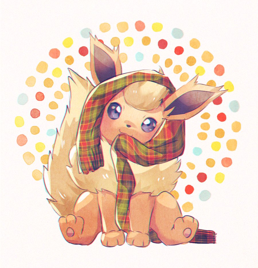 clothes_in_mouth ekm flareon fluffy full_body grey_eyes looking_at_viewer no_humans pawpads plaid plaid_scarf pokemon pokemon_(creature) scarf simple_background sitting solo