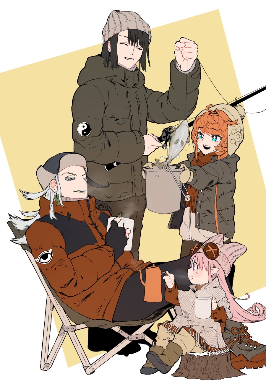 2boys 2girls alternate_size ashiya_douman_(fate) beanie black_hair blue_eyes boots border braid brown_coat brown_footwear brown_pants bucket chair closed_eyes coat crown_braid cup fate/grand_order fate_(series) fish fishing fishing_rod folding_chair habetrot_(fate) hat high_collar highres holding holding_bucket holding_cup holding_fishing_rod kettle long_hair looking_at_another mug multicolored_hair multiple_boys multiple_girls open_mouth orange_hair pants pink_hair pointy_ears red_coat red_scarf sakura_(skr_i) scarf short_hair side_braid sitting sitting_on_log smile standing tai_gong_wang_(fate) tea teeth two-tone_hair upper_teeth_only van_gogh_(fate) white_border winter_clothes yellow_background yin_yang