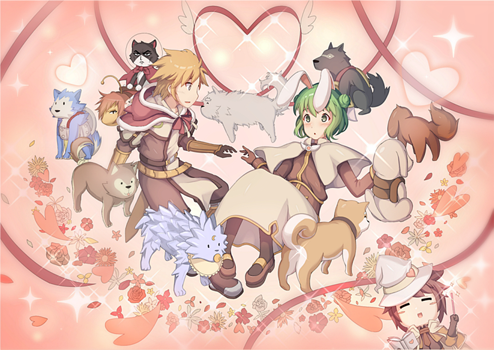 1girl 2boys acolyte_(ragnarok_online) animal_ears armored_boots blonde_hair blush book boots brown_capelet brown_footwear brown_gloves brown_hair brown_pants brown_pantyhose brown_shirt brown_skirt capelet cat closed_eyes commentary_request desert_wolf_(ragnarok_online) dog double_bun flower full_body gloves green_eyes green_hair grey_eyes hair_bun hat hat_ornament hatii_(ragnarok_online) heart heart_hat_ornament holding holding_book holding_wand kobold_(ragnarok_online) kunknee long_sleeves looking_at_another mage_(ragnarok_online) multiple_boys open_mouth pants pantyhose rabbit_ears ragnarok_online red_flower shirt short_hair skirt smile sparkle swordsman_(ragnarok_online) wand white_headwear wild_robbit_(mega_man) witch_hat