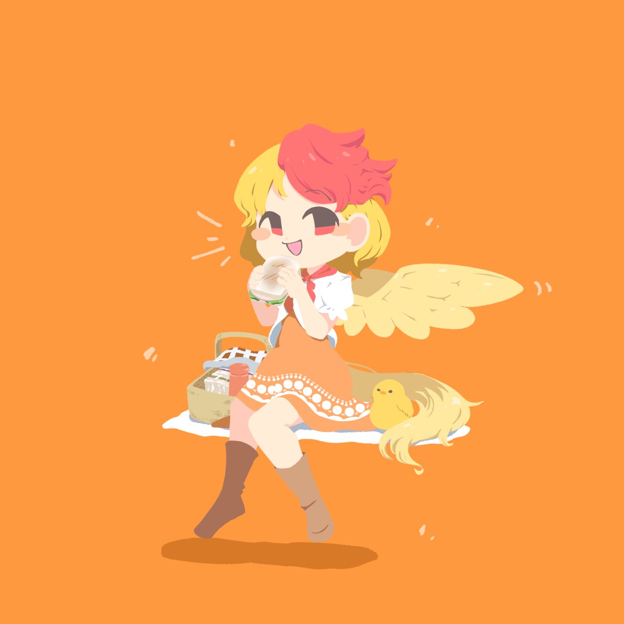 1girl animal bird bird_tail bird_wings blonde_hair blush_stickers boots brown_footwear chick dress feathered_wings food full_body highres holding holding_food multicolored_hair niwatari_kutaka no_lineart open_mouth orange_background orange_dress picnic_basket red_eyes redhead sandwich shinsei_tomato short_hair short_sleeves simple_background smile solo tail touhou two-tone_hair wings yellow_wings