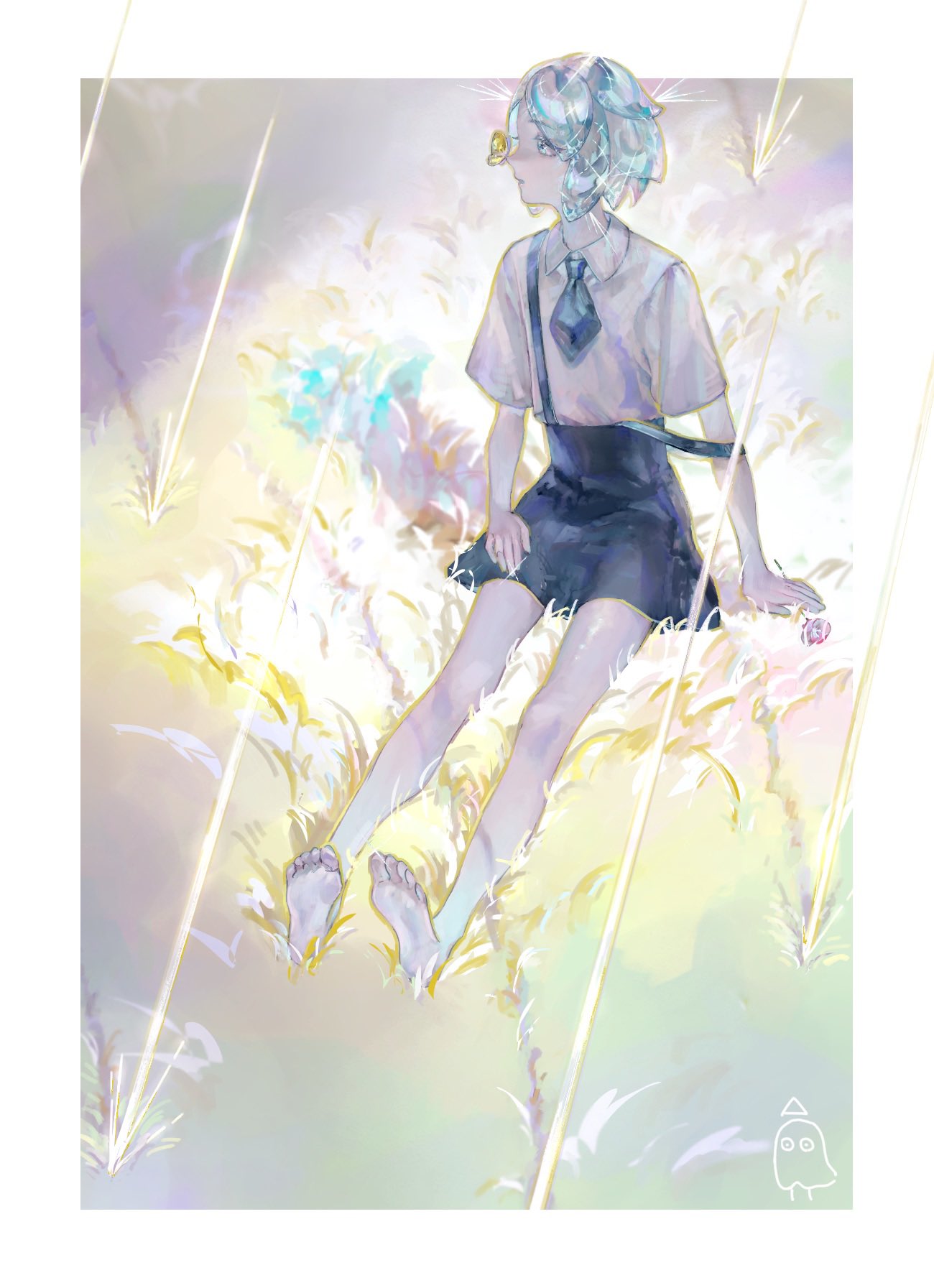 1other androgynous aqua_eyes aqua_hair barefoot black_shorts bug butterfly butterfly_on_nose collared_shirt colored_skin crystal_hair framed gem gem_uniform_(houseki_no_kuni) ghost_to_human glint grass hand_on_ground highres houseki_no_kuni insect_on_nose necktie on_grass on_ground other_focus outdoors outside_border parted_bangs parted_lips phosphophyllite profile shirt short_hair short_necktie shorts solo sparkle sunlight suspender_shorts suspenders suspenders_slip white_shirt white_skin wide_sleeves wing_collar