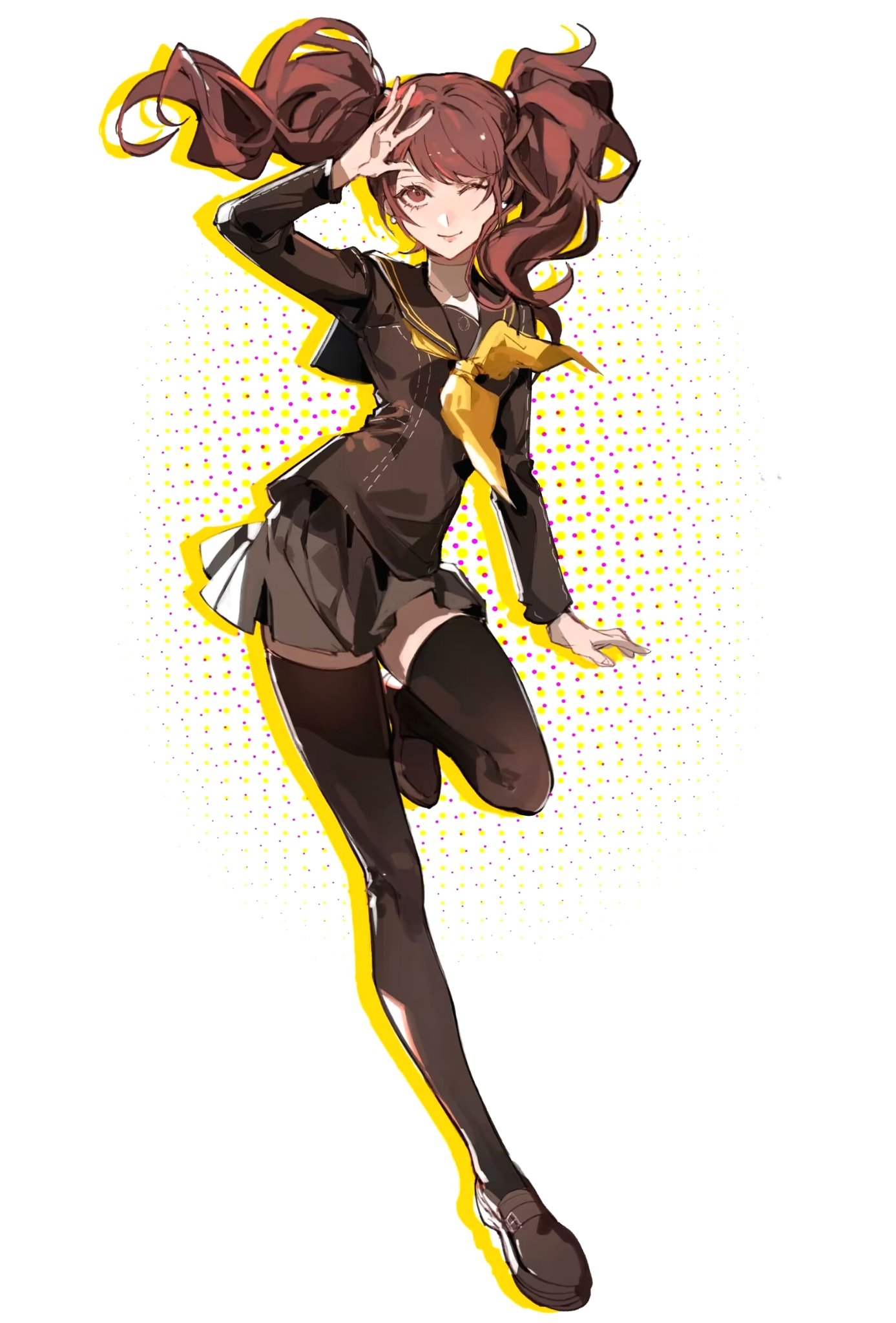1girl arm_up binxngchng1 black_footwear black_sailor_collar black_thighhighs brown_eyes brown_hair dotted_background floating_hair full_body grey_shirt highres kujikawa_rise long_hair long_sleeves looking_at_viewer neckerchief one_eye_closed persona persona_4 pleated_skirt sailor_collar school_uniform shirt skirt solo swept_bangs thigh-highs turtleneck twintails white_background yasogami_school_uniform yellow_neckerchief zettai_ryouiki