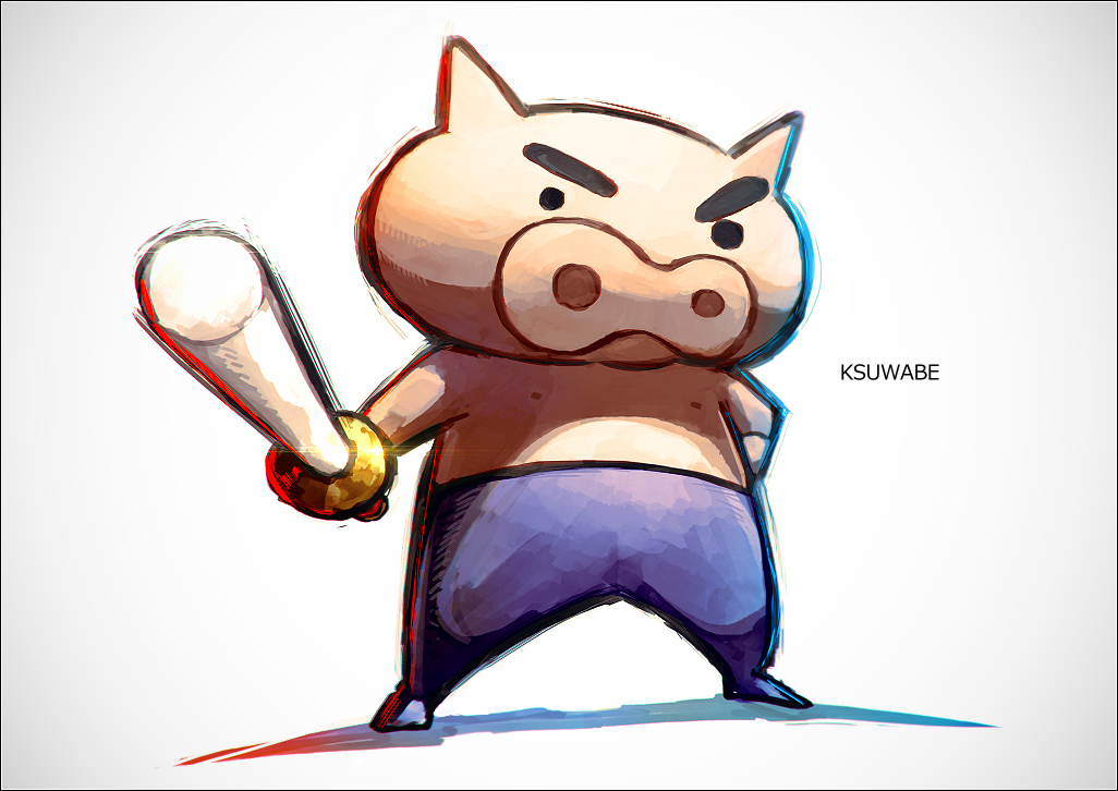 animal artist_name buriburizaemon crayon_shin-chan gloves hand_on_own_hip holding holding_sword holding_weapon hooves k-suwabe no_humans pants pig purple_pants shadow simple_background standing sword thick_eyebrows weapon white_background white_gloves