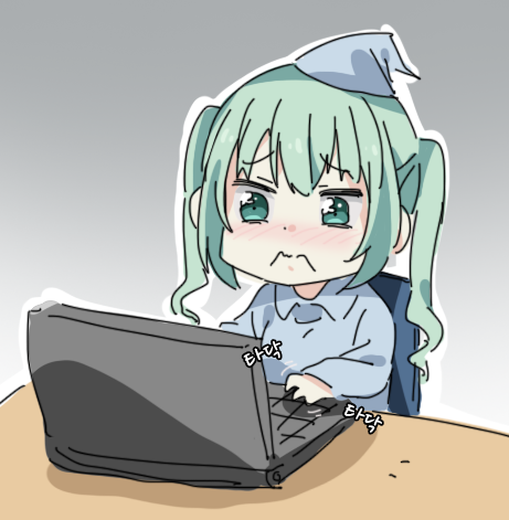 1girl at_computer bad_id bad_pixiv_id blue_pajamas blush chair computer frown girls_frontline gradient_background green_eyes green_hair grey_background hat korean_text laptop lowres micro_uzi_(girls'_frontline) nightcap pajamas sidarim simple_background sitting solo sound_effects table typing wavy_eyes wavy_mouth