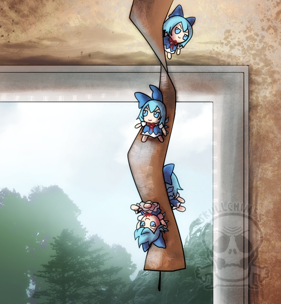 4girls artist_name blue_bow blue_dress blue_eyes blue_hair bow chibi cirno commentary dress english_commentary flypaper fumo_(doll) hair_bow multiple_girls multiple_persona skullchimes stuck touhou tree v-shaped_eyebrows watermark window