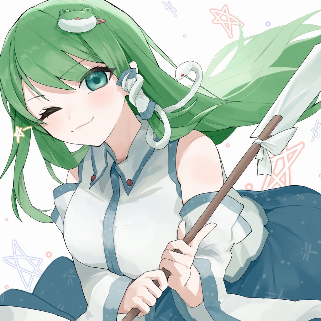 1girl ;3 blue_skirt closed_mouth collared_shirt cowboy_shot detached_sleeves frog_hair_ornament gohei green_eyes green_hair hair_ornament kochiya_sanae long_hair looking_at_viewer one_eye_closed shirt single_hair_tube skirt sleeveless sleeveless_shirt smile snake_hair_ornament solo star_(symbol) touhou uohara_shinji wide_sleeves