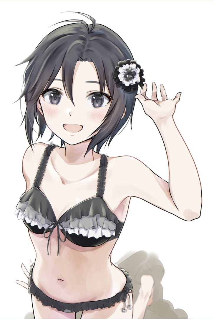 1girl antenna_hair bikini black_bikini black_hair blush cowboy_shot flower frilled_bikini frills hair_flower hair_ornament idolmaster idolmaster_(classic) idolmaster_million_live! kikuchi_makoto looking_at_viewer mogskg navel open_mouth short_hair smile solo stomach swimsuit waving white_background