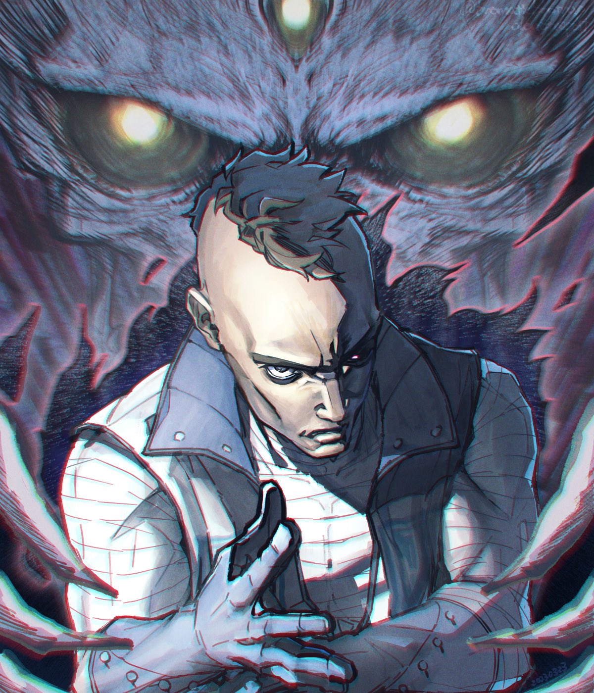 2boys bandages black_fire black_hair black_sclera blue_gloves buttons claws colored_sclera demon fire gloves glowing glowing_eyes grey_eyes high_contrast highres jacket kubrick_stare male_focus mohawk monster multiple_boys muscular muscular_male satan_(megami_tensei) shadow shin_megami_tensei shin_megami_tensei_ii short_hair third_eye tori_(bromaticbrotrap) two-sided_fabric two-sided_jacket v-shaped_eyebrows very_short_hair white_jacket yellow_eyes zayin_(megami_tensei)
